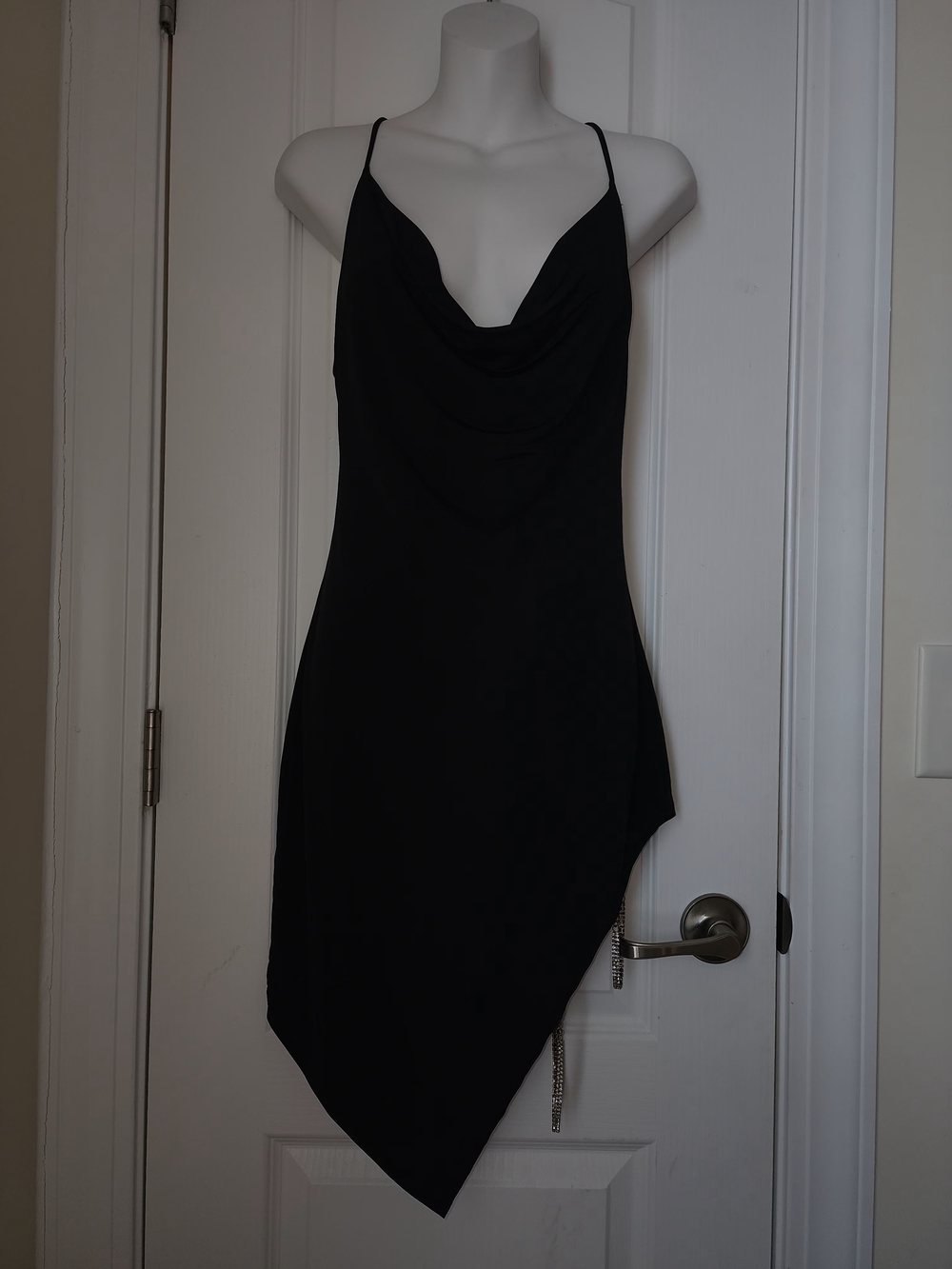 Women's Black Asymmetric Slip Dress with Cowl Neck